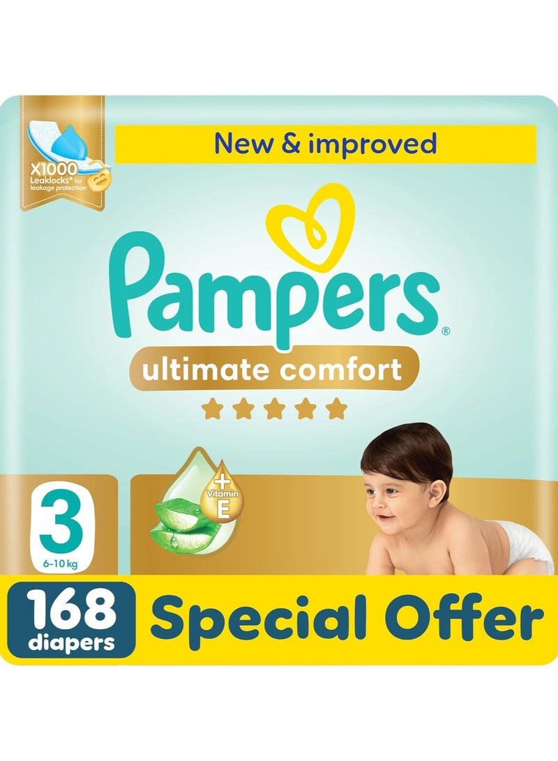 Pampers Ultimate Comfort Taped Diapers, Size 3, 6-10kg, Lotion infused with Aloe Vera and Vitamin E, x1000 Leak Locks Technology for Leakage Protection, Giant Pack, 168 Count