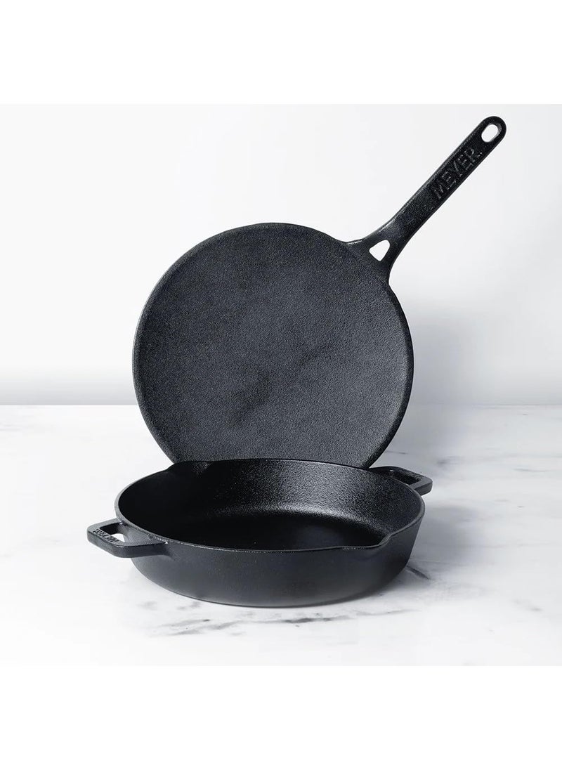 MEYER Meyer Pre-Seasoned Cast Iron 2 Piece Cookware Set - 26cm Fry pan + 28cm Flat Dosa Tawa | Induction Cookware Set Combo Offer | Cast Iron Utensils for Cooking | Cast Iron Set Kitchen, Black  - Image 2