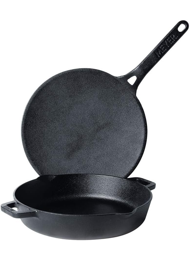 MEYER Meyer Pre-Seasoned Cast Iron 2 Piece Cookware Set - 26cm Fry pan + 28cm Flat Dosa Tawa | Induction Cookware Set Combo Offer | Cast Iron Utensils for Cooking | Cast Iron Set Kitchen, Black  - Image 3