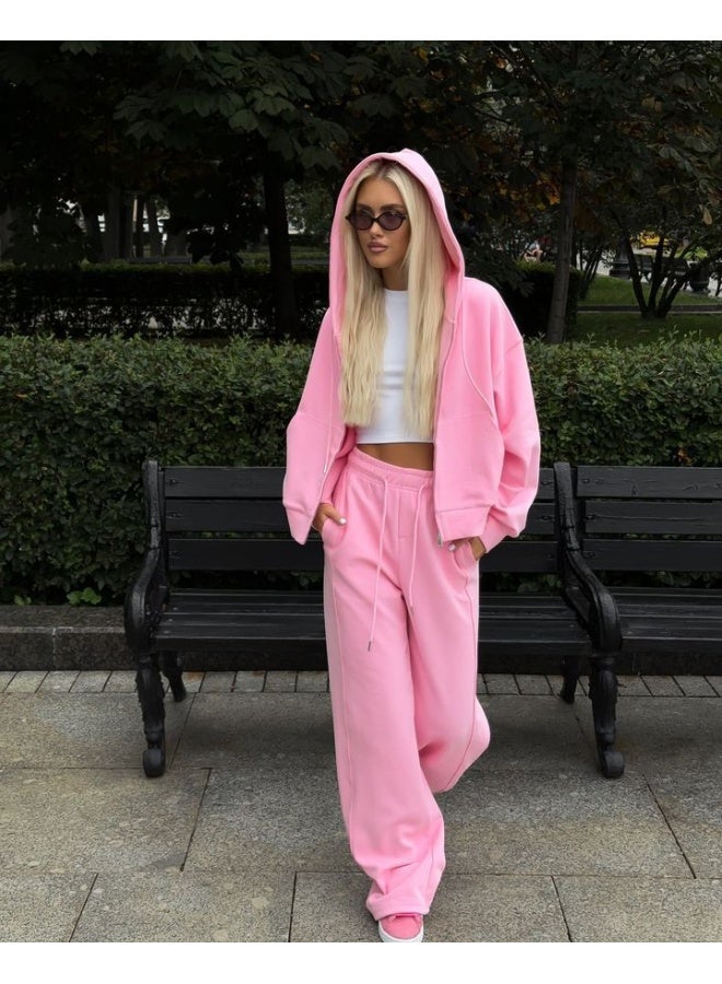 NIBEMINENT Casual Women's Tracksuit With Hat Zipper Full Sleeve Coat Loose Pants Solid Two Pieces Female Sets  Autumn Sport Lady Suit - Image 1