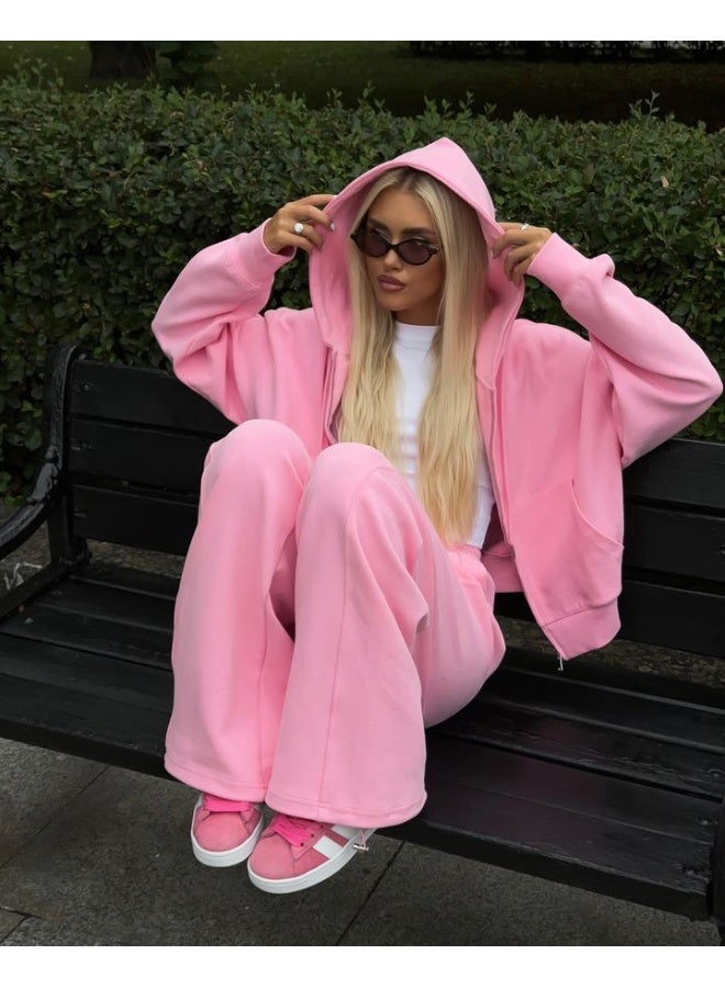 NIBEMINENT Casual Women's Tracksuit With Hat Zipper Full Sleeve Coat Loose Pants Solid Two Pieces Female Sets  Autumn Sport Lady Suit - Image 2