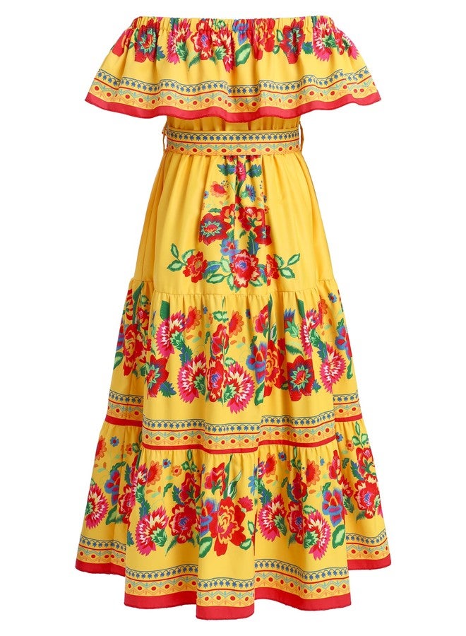IMEKIS Mexican Dress for Girls: Fiesta Outfit Kids Floral Traditional Ethnic Wear Toddler Cinco De Mayo Birthday Party Mexico Independence Day of the Dead Yellow 5-6 Years - Image 3