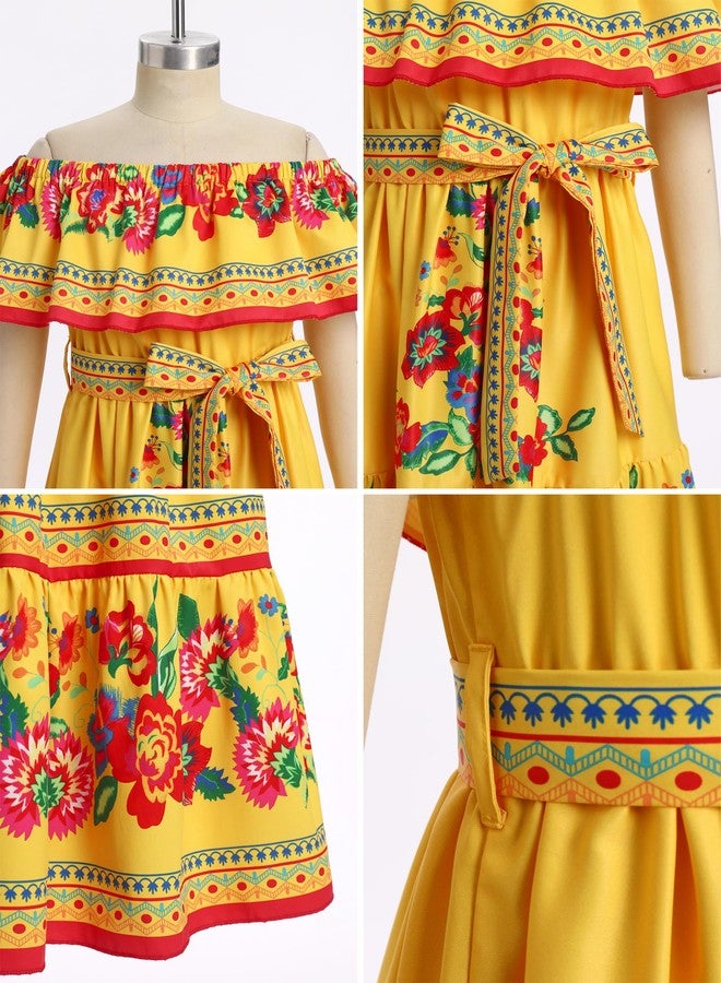 IMEKIS Mexican Dress for Girls: Fiesta Outfit Kids Floral Traditional Ethnic Wear Toddler Cinco De Mayo Birthday Party Mexico Independence Day of the Dead Yellow 5-6 Years - Image 4