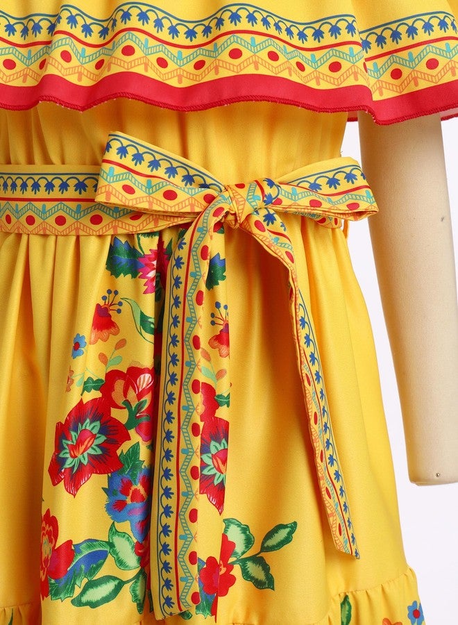 IMEKIS Mexican Dress for Girls: Fiesta Outfit Kids Floral Traditional Ethnic Wear Toddler Cinco De Mayo Birthday Party Mexico Independence Day of the Dead Yellow 5-6 Years - Image 2