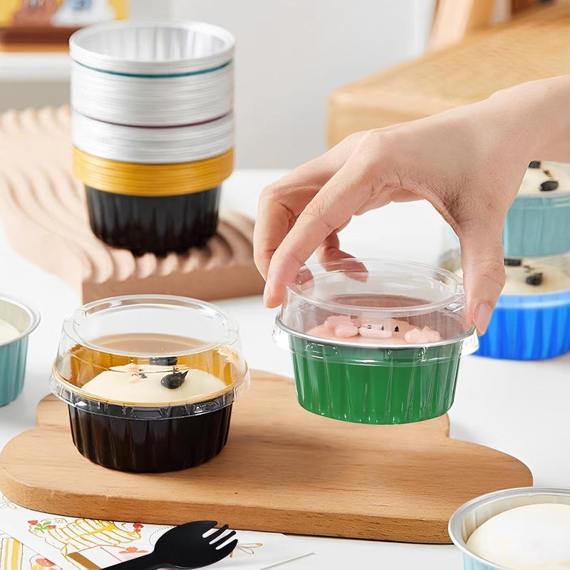 YOIYINI 50Pcs Mini Aluminum Foil Cupcake,5oz Baking Cups with Lids,Mini Cake Pans Disposable,Loaf Pans with Lids,Disposable Ramekins,Tin Cups Containers for Cupcake,Pudding,Muffin,Cheesecake (Silvery) - Image 4