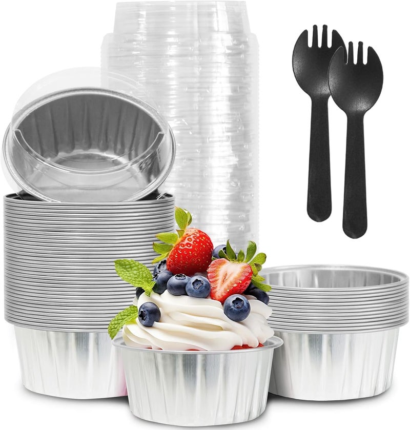 YOIYINI 50Pcs Mini Aluminum Foil Cupcake,5oz Baking Cups with Lids,Mini Cake Pans Disposable,Loaf Pans with Lids,Disposable Ramekins,Tin Cups Containers for Cupcake,Pudding,Muffin,Cheesecake (Silvery) - Image 1