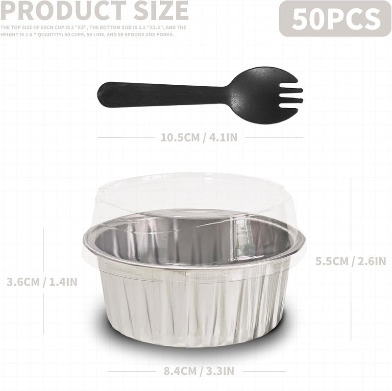 YOIYINI 50Pcs Mini Aluminum Foil Cupcake,5oz Baking Cups with Lids,Mini Cake Pans Disposable,Loaf Pans with Lids,Disposable Ramekins,Tin Cups Containers for Cupcake,Pudding,Muffin,Cheesecake (Silvery) - Image 2