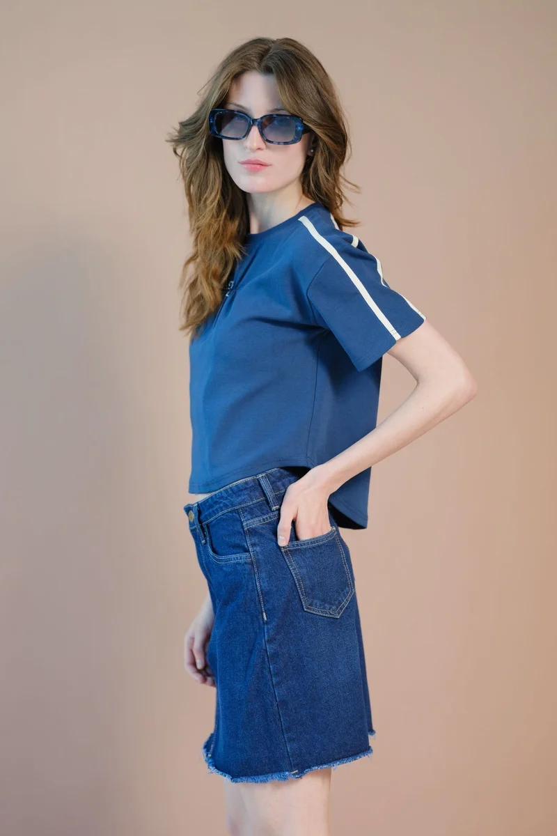 Virgio VIRGIO Cotton Stretch Blue Varsity Casual Tee