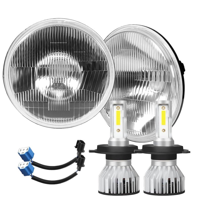 IHNZCB H4/9003 LED Headlight Bulbs + 7 Inch H6024 Glass Round LED Headlight Housing,Halogen Sealed High Low Dual Beam,Original Classic Look Conversion Pair Kit Pair - Image 1