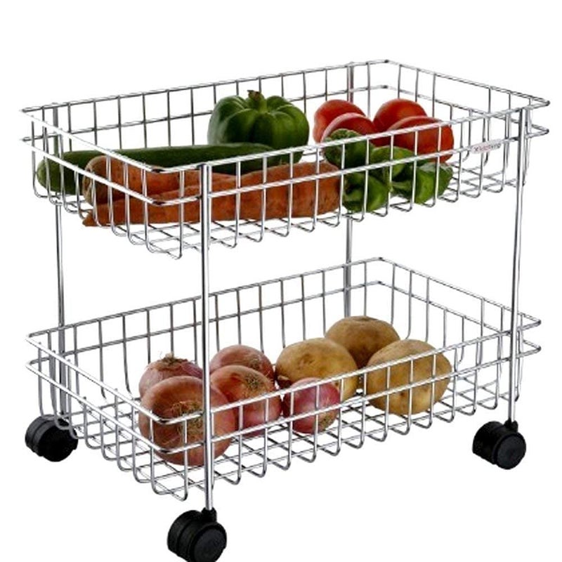 Nirgun Empex Stainless Steel 2 Layer Fruits and Vegetable Trolley with Wheels Kitchen Storage Basket Potato Onion Holder Stand for Kitchen Made in India - Image 1