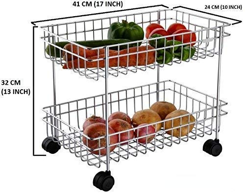 Nirgun Empex Stainless Steel 2 Layer Fruits and Vegetable Trolley with Wheels Kitchen Storage Basket Potato Onion Holder Stand for Kitchen Made in India - Image 2