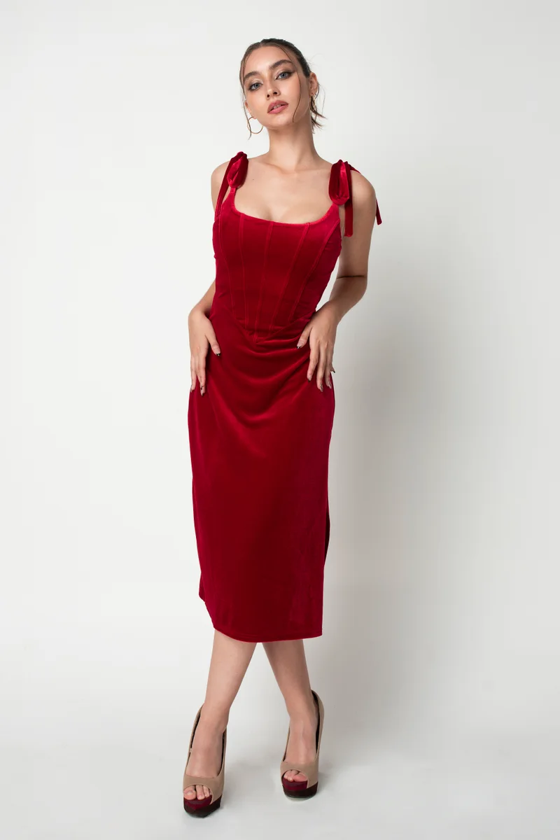Red Corset Velvet Dress