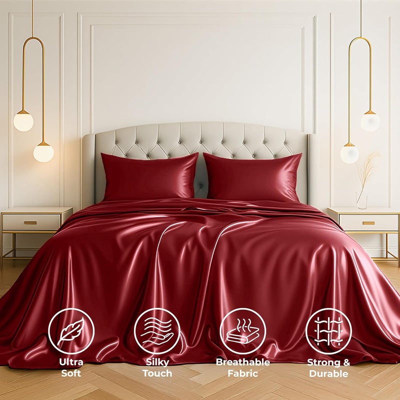 Pure Bedding Satin Sheets King [4-Piece, Burgundy] Hotel Luxury Silky Bed Sheets - Extra Soft 1800 Microfiber Sheet Set, Wrinkle, Fade, Stain Resistant - Deep Pocket Fitted Sheet, Flat Sheet, Pillow Cases - Image 2