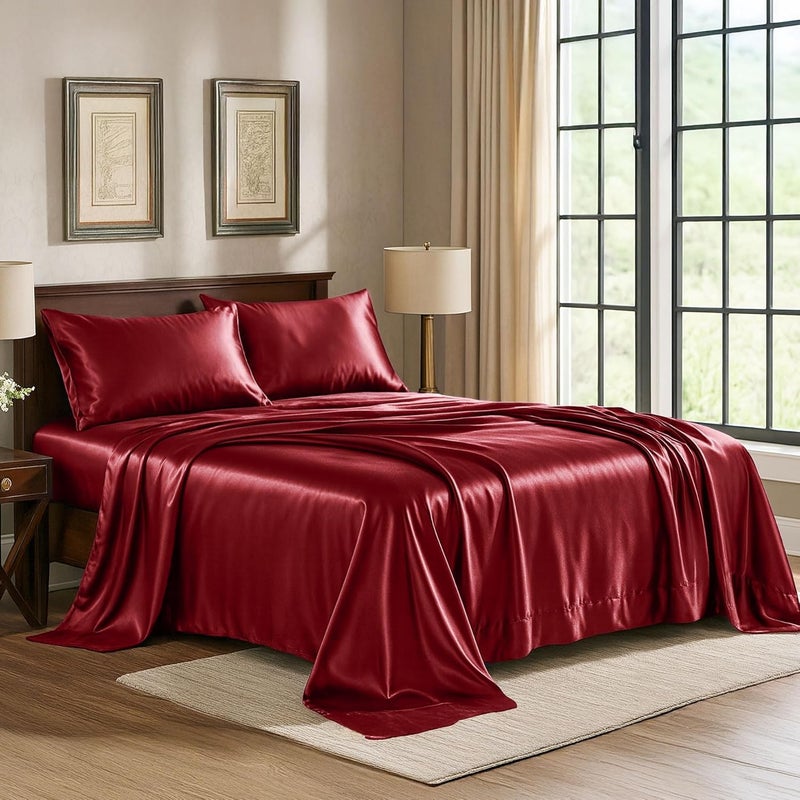 Pure Bedding Satin Sheets King [4-Piece, Burgundy] Hotel Luxury Silky Bed Sheets - Extra Soft 1800 Microfiber Sheet Set, Wrinkle, Fade, Stain Resistant - Deep Pocket Fitted Sheet, Flat Sheet, Pillow Cases - Image 1