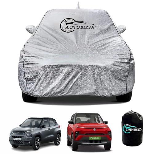 AUTOBIRSA Waterproof Car Body Cover for Tata Punch Back Anteena with Mirror and Antenna Pocket and Soft Cotton Lining (4 Side Elastic Triple Stitched & Metallic Silver with Black Piping Style) - Image 1