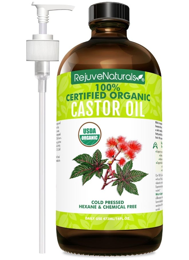 RejuveNaturals RejuveNaturals Castor Oil 16oz Glass Bottle USDA Certified Organic 100 Pure Cold Pressed Hexane Free Boost Hair Growth for Thicker Fuller Hair Lashes Eyebrows  - Image 1