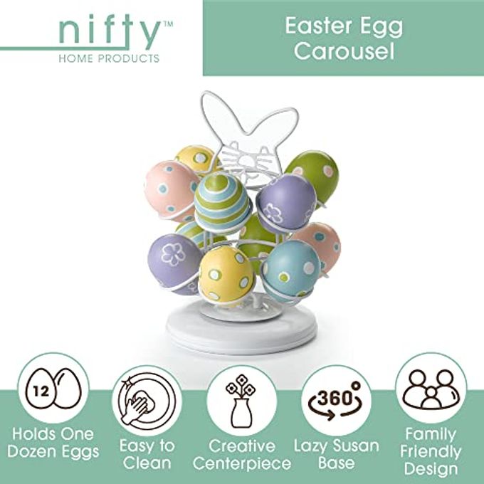 Nifty Solutions Nifty Easter Egg Carousel White Powder Coat Finish, Spins 360-Degrees, Kitchen Centerpiece Display Stand, Decorative Egg Holder, Lazy Susan Platform - Image 2