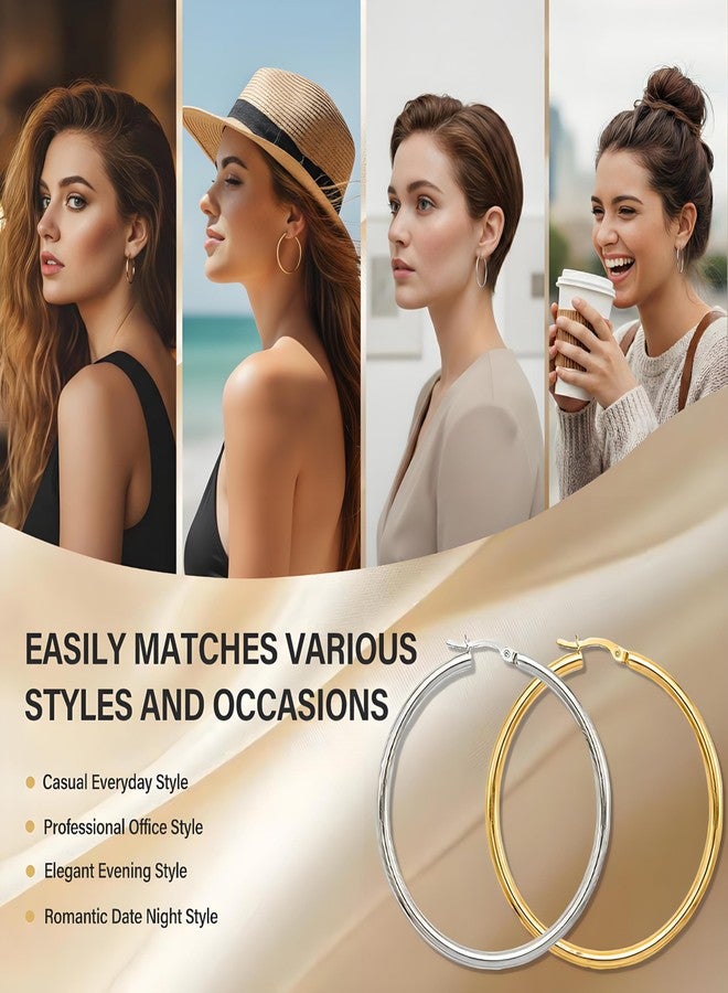JANCAN 4 Pairs Silver Gold Hoop Earrings for Women,30/40/50/60 mm Stainless Steel 14K Silver Gold Plated Loop Earrings for Women Hypoallergenic Fashionable Lightweight Big Women Earrings Loop Earrings Set - Image 5