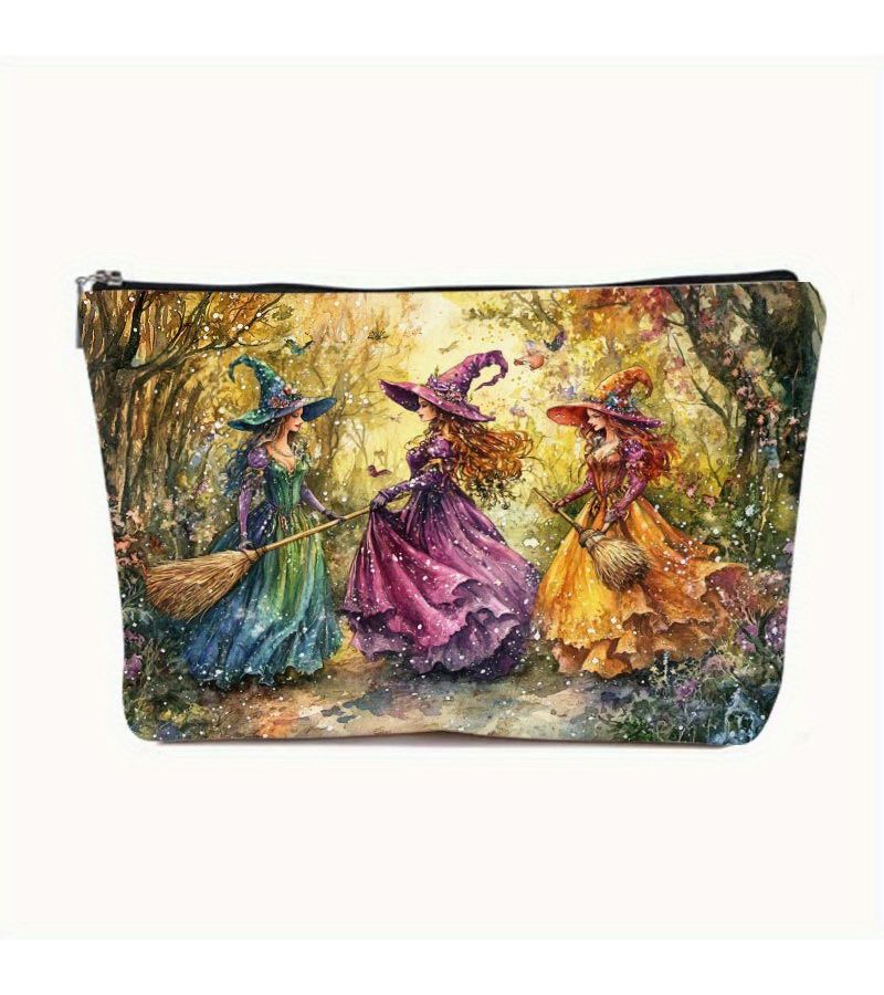 1 Pc Vintage Witch Themed Resin Pouch 25 17cm Secure Zipper Travel Makeup Toiletry Bag Ideal For Halloween - Image 1