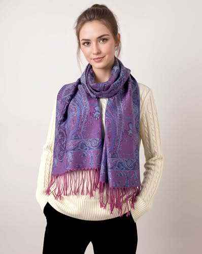 Achillea Soft Silky Reversible Paisley Pashmina Shawl Wrap Scarf w/Fringes (Tapestry Purple) - Image 3