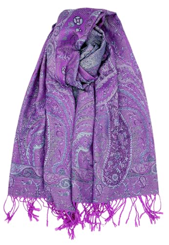 Achillea Soft Silky Reversible Paisley Pashmina Shawl Wrap Scarf w/Fringes (Tapestry Purple) - Image 1