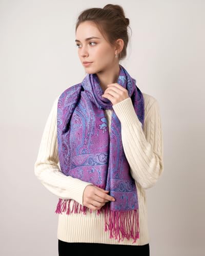 Achillea Soft Silky Reversible Paisley Pashmina Shawl Wrap Scarf w/Fringes (Tapestry Purple) - Image 4