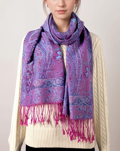 Achillea Soft Silky Reversible Paisley Pashmina Shawl Wrap Scarf w/Fringes (Tapestry Purple) - Image 2