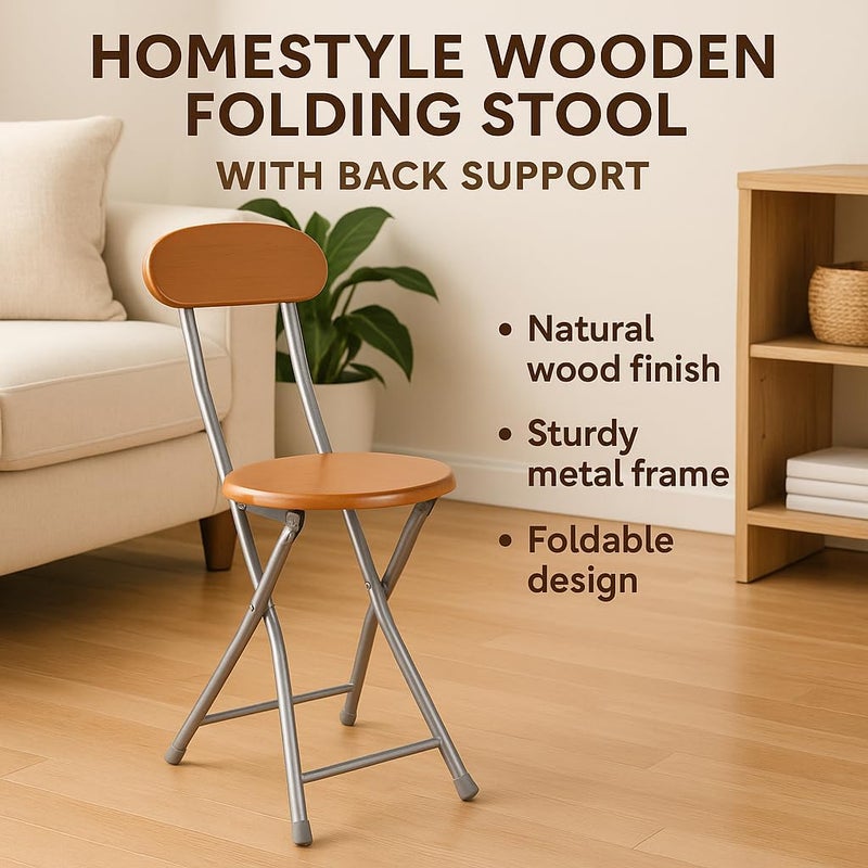 Fitto Homestyle Wooden Folding Stool, With Back Support - Image 2