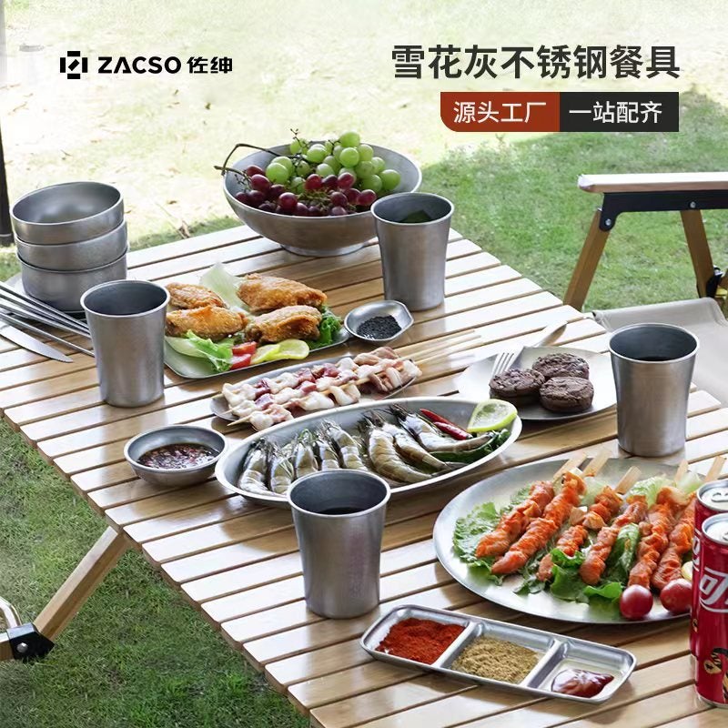 304 Stainless Steel Distressed Retro Style Tableware Industrial Style Bowl Plate Fork Spoon Chopsticks Snowflake Gray Outdoor Set - Image 2
