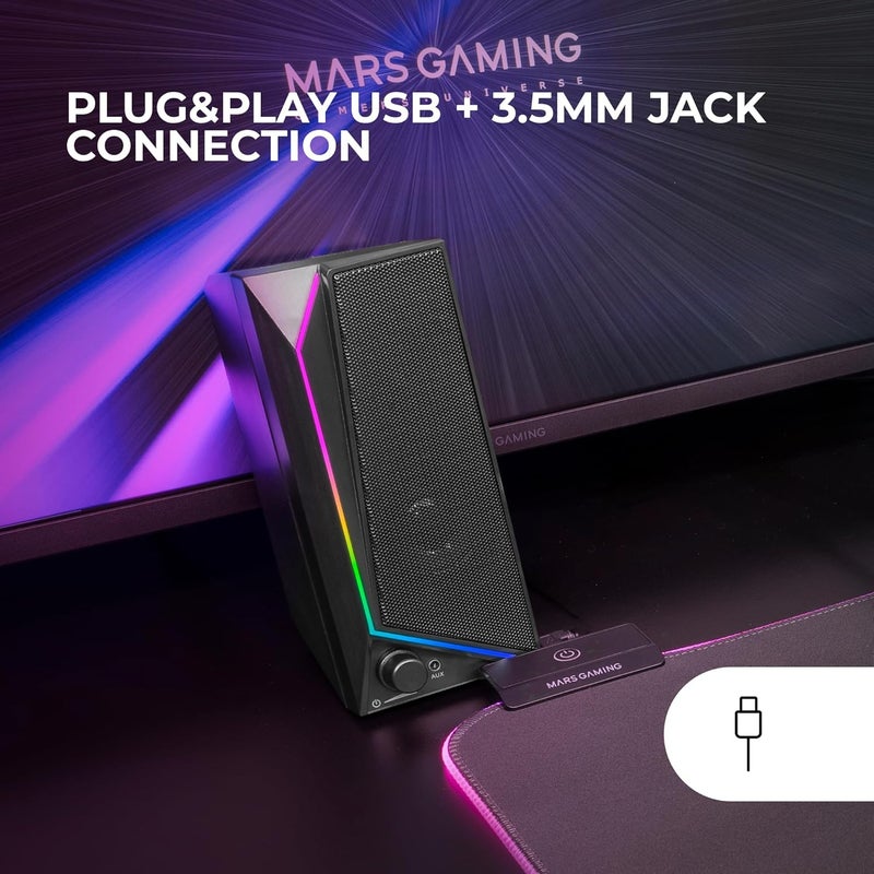 MARS GAMING MARSGAMING MS72, Gaming Speakers 15W, RGB Flow Backlight, 2 Active Transducers, DSP Chipset, USB Plug&Play and 3.5mm Jack Connector, Volume Control Knob and Audio Port Headphones, Black - Image 4