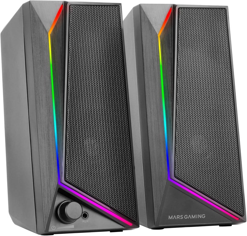MARS GAMING MARSGAMING MS72, Gaming Speakers 15W, RGB Flow Backlight, 2 Active Transducers, DSP Chipset, USB Plug&Play and 3.5mm Jack Connector, Volume Control Knob and Audio Port Headphones, Black - Image 1