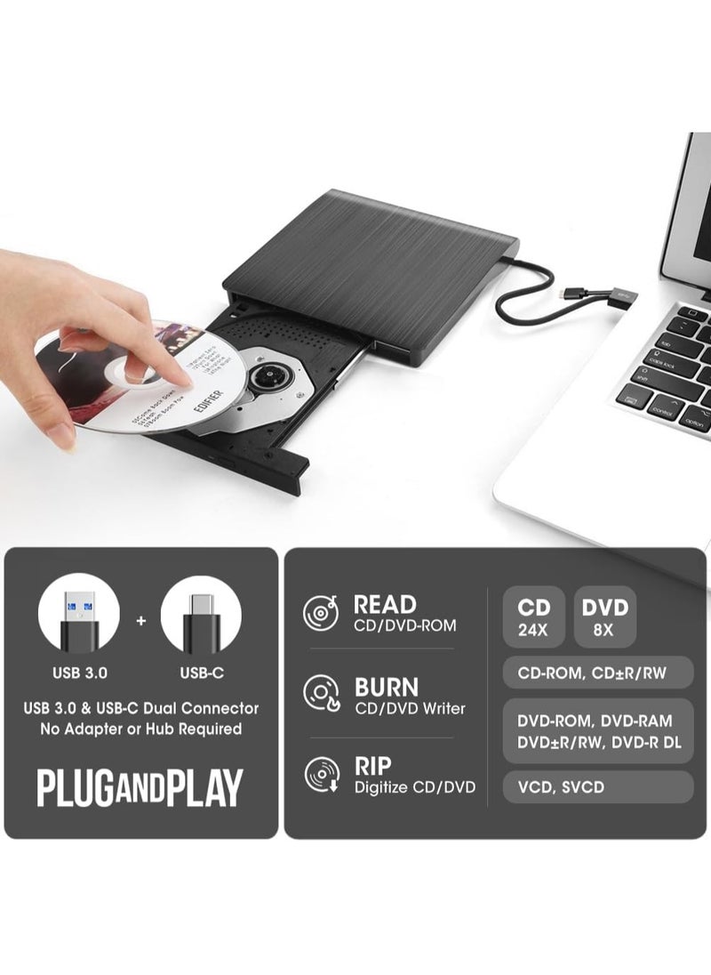 بوينت - مشغل دي في دي بوينت خارجي سي دي/دي في دي USB 3.0/نوع C، محرك اقراص ضوئية رفيع CD/DVD ROM، قارئ اعادة كتابة محمول للكمبيوتر واللاب توب وماك بوك وماك وويندوز 7/8.1/10 لينكس او اس - Image 1