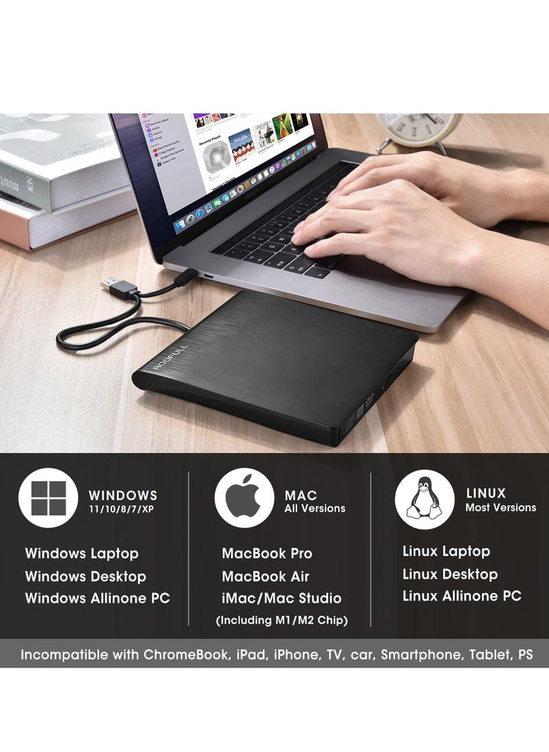 بوينت - مشغل دي في دي بوينت خارجي سي دي/دي في دي USB 3.0/نوع C، محرك اقراص ضوئية رفيع CD/DVD ROM، قارئ اعادة كتابة محمول للكمبيوتر واللاب توب وماك بوك وماك وويندوز 7/8.1/10 لينكس او اس - Image 1
