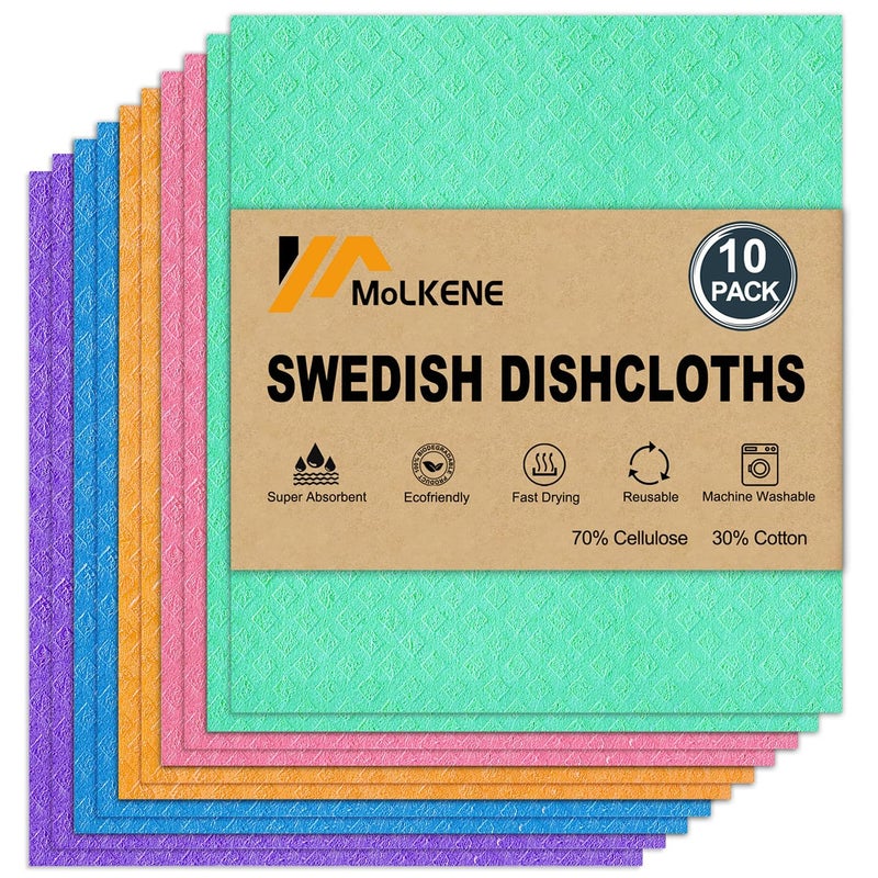 MoLKENE Swedish Dish Cloths  10 Pack Reusable Kitchen Dishcloths  Ultra Absorbent Dish Towels for Washing Dishes  Cellulose Sponge Cloth Cleaning Rag  Assorted