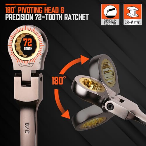 HORUSDY 24-Piece Flex-Head Ratcheting Wrench Set | Metric and SAE | Ratchet Combination Wrenches Set with Organizer | 72-Teeth | Chrome Vanadium Steel | 8-19 mm & 1/4” to 7/8“ - Image 5