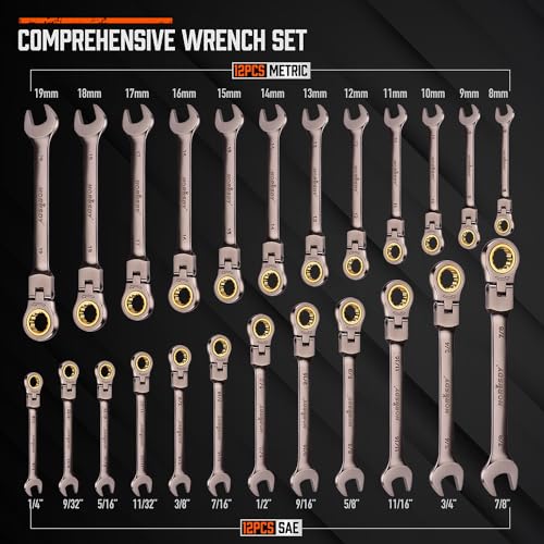 HORUSDY 24-Piece Flex-Head Ratcheting Wrench Set | Metric and SAE | Ratchet Combination Wrenches Set with Organizer | 72-Teeth | Chrome Vanadium Steel | 8-19 mm & 1/4” to 7/8“ - Image 3
