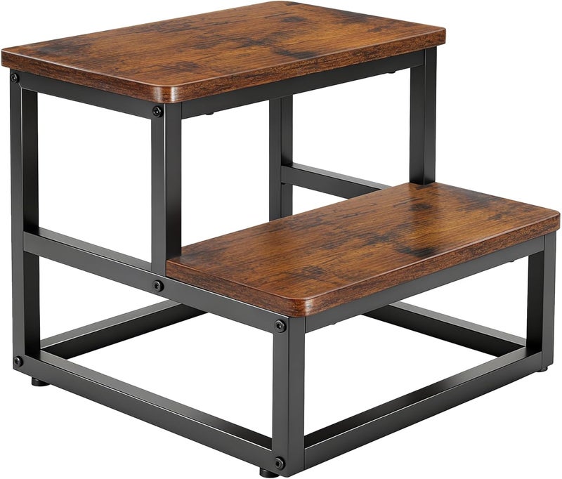 Step Stool 2 Steps for Adults Children Non-Slip Step Stool Wooden Metal Frame with 500 lbs Load Capacity Rounded Corner Design Footstool for Kitchen Bathroom Bedroom Caravan (Brown)