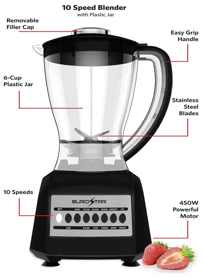 EUROSTAR EBL820BK 450W 10-Speed Plastic Jar Blender, Black - Image 2
