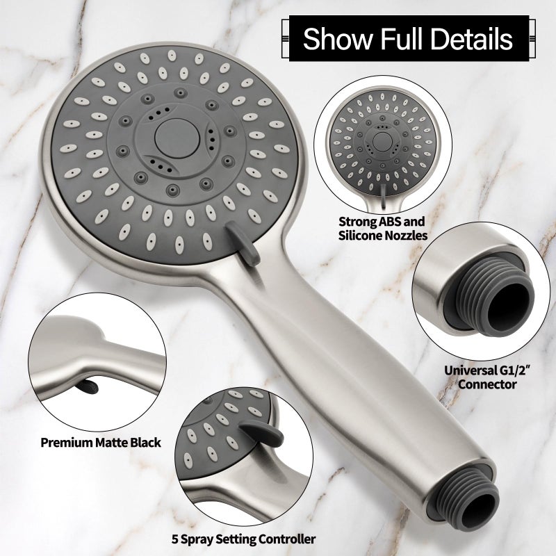 Briout Shower Head with Handheld, 5-Settings Showerhead High Pressure Powerful Water Spray Shower Head Set with 59 Inch Stainless Steel Hose and Bracket, Brushed Nickel - Image 3