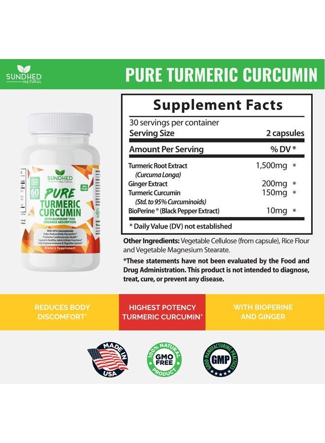 Sundhed Natural كبسولات الكركم النقي (60 كبسولة) - مكمل كركم طبيعي 100% مع 95% من الكركمين القياسي - أقراص كركم قوية، مكملات دعم المفاصل الكركم - Image 3