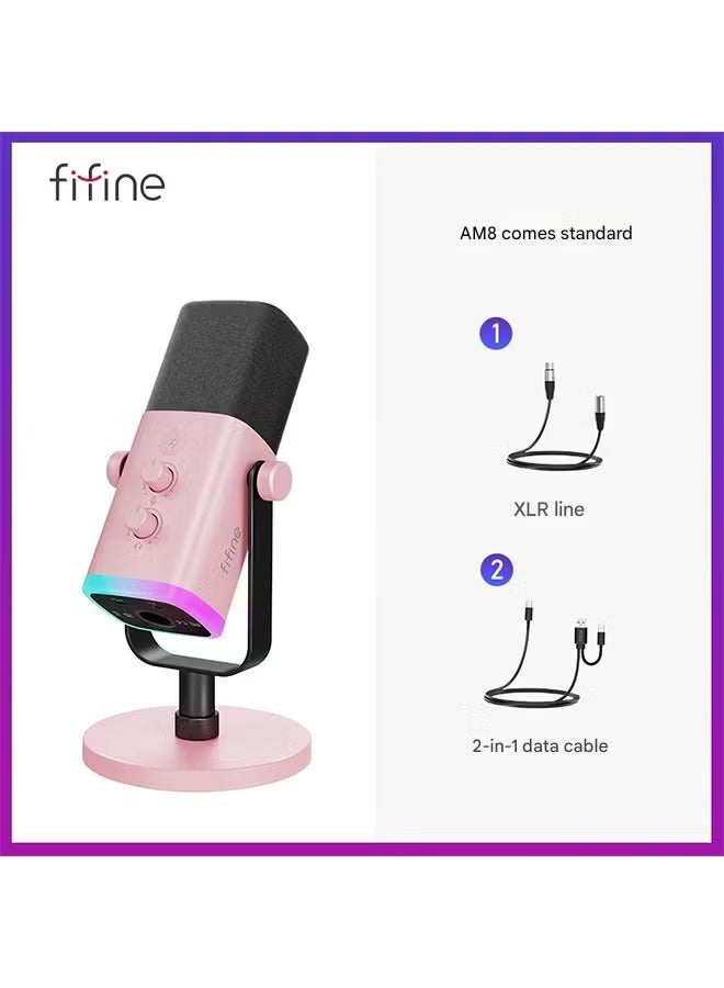 ميكروفون ديناميكي FIFINE USB/XLR مع تحكم RGB/مقبس سماعة رأس/كتم الصوت، ميكروفون لتسجيل ألعاب الكمبيوتر والبث AmpliGame-AM8