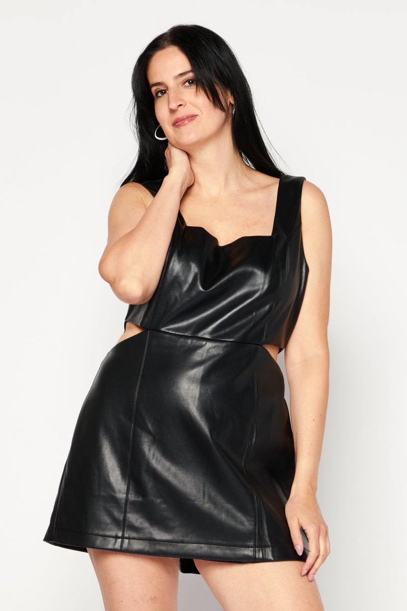 Avec Les Filles Women Sleeveless Solid Faux Leather Cut Out Playsuit, Black  - Image 1