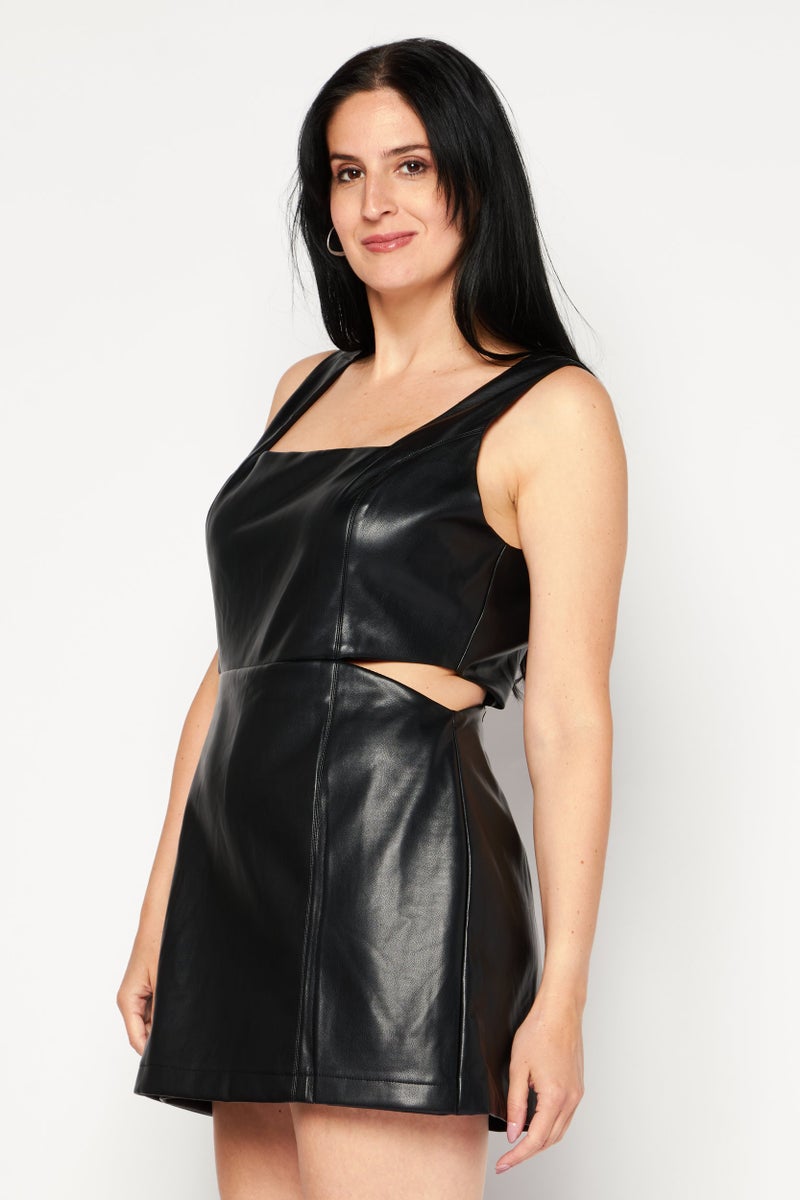 Avec Les Filles Women Sleeveless Solid Faux Leather Cut Out Playsuit, Black  - Image 4