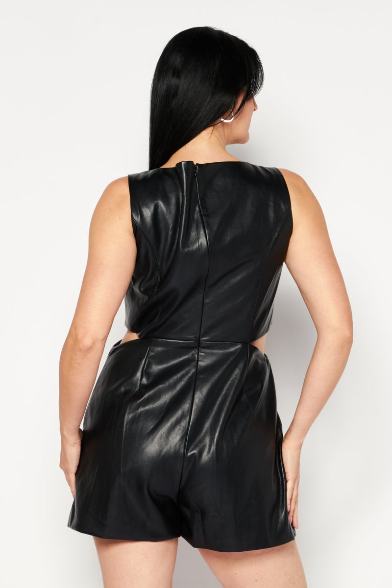 Avec Les Filles Women Sleeveless Solid Faux Leather Cut Out Playsuit, Black  - Image 2