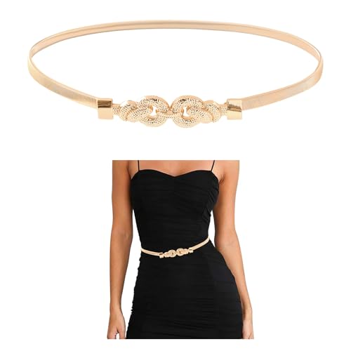 E-Clover 2 Loops Belts for Women Gold Waist Skinny Stretch Belt for Dresses Metal Waistband - Image 1
