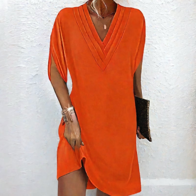 V Neck Pleated Batwing Sleeve Dress - Image 4