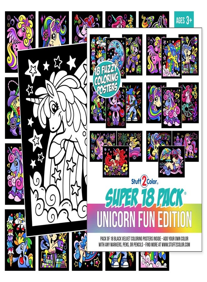 Stuff2Color Super Pack of 18 Fuzzy Velvet Coloring Posters (Unicorn Fun Edition) - Great for Family Time, Arts and Crafts, Travel, Quiet Time, Sharing, Parties [All Ages: Kids, Girls, Adults, Toddlers, Teens] - Image 1