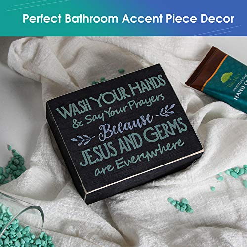 J JACKCUBE DESIGN Farmhouse Vintage Decorative Wood Bathroom Signs Decor  Classic Rustic Wooden Box Stand Up Wall Home Decor  Your Prayers and Wash Your Hands  Blue  White Letters- MK684A - Image 4