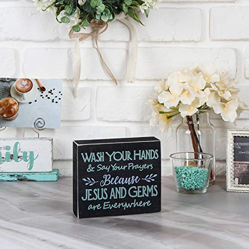 J JACKCUBE DESIGN Farmhouse Vintage Decorative Wood Bathroom Signs Decor  Classic Rustic Wooden Box Stand Up Wall Home Decor  Your Prayers and Wash Your Hands  Blue  White Letters- MK684A - Image 3