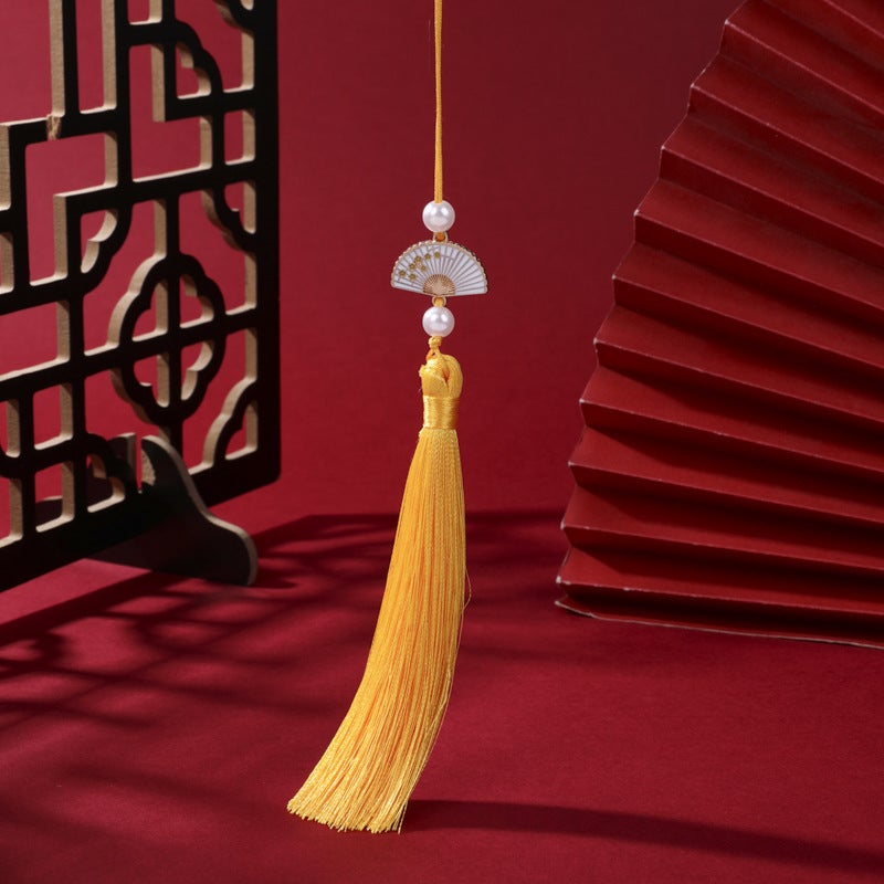 Generic Pearl White Fan Tassel Chinese Hanfu Car Pendant Golden yellow